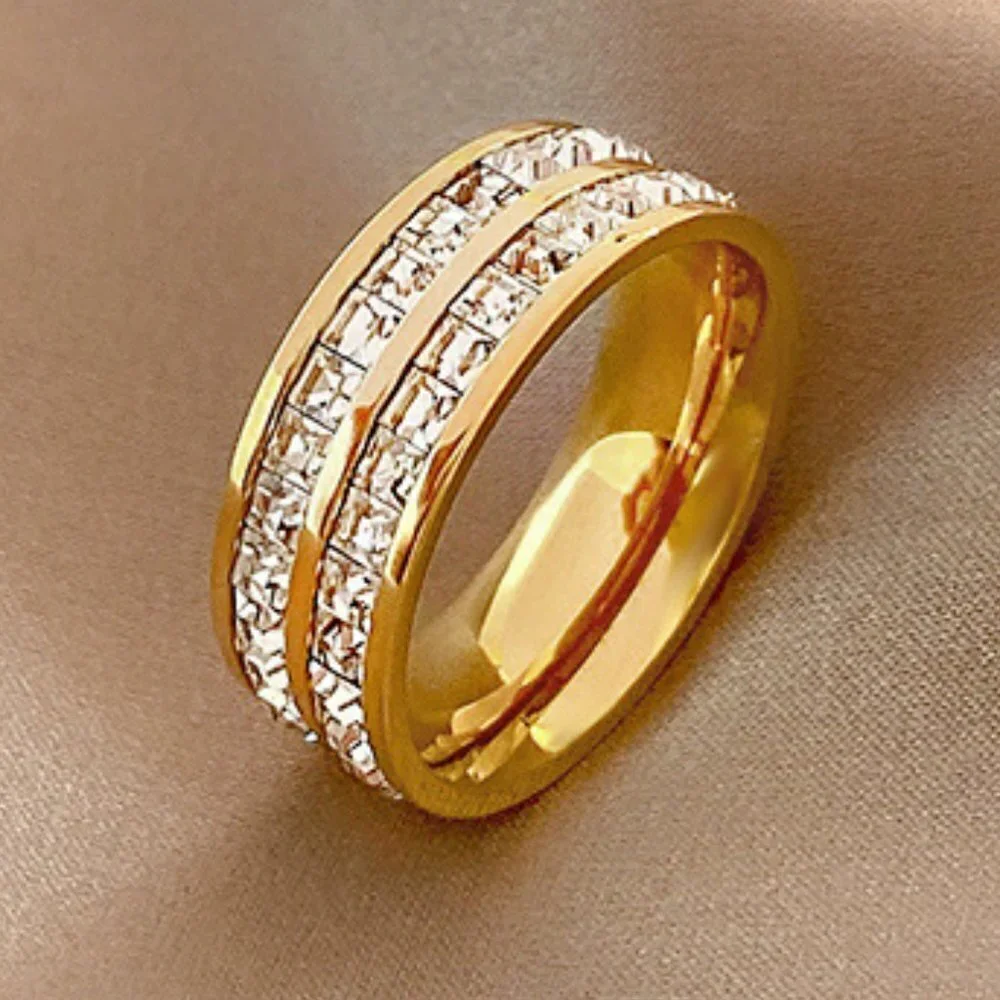 Titanium Steel Double Row Rhinestone Ring